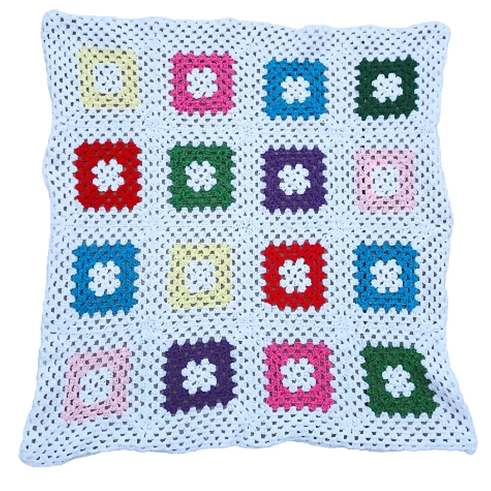 Vintage Homemade Crocheted Multicolor Square Design Afghan Throw Blanket